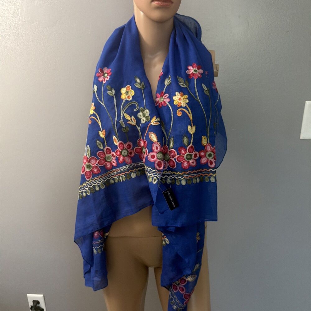 Kendall & James Blue Floral Embroidered Pashmina Wrap New Scarf With Tags